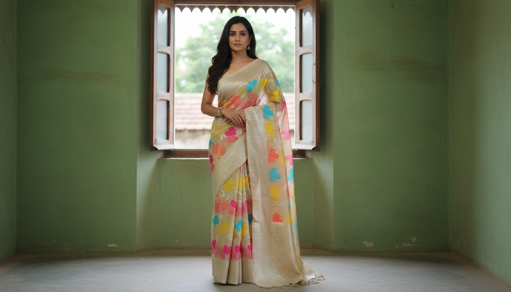 Vasanti Ivory Satin Silk Saree