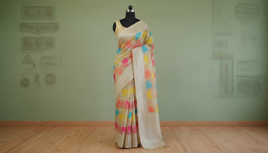 Vasanti Ivory Satin Silk Saree